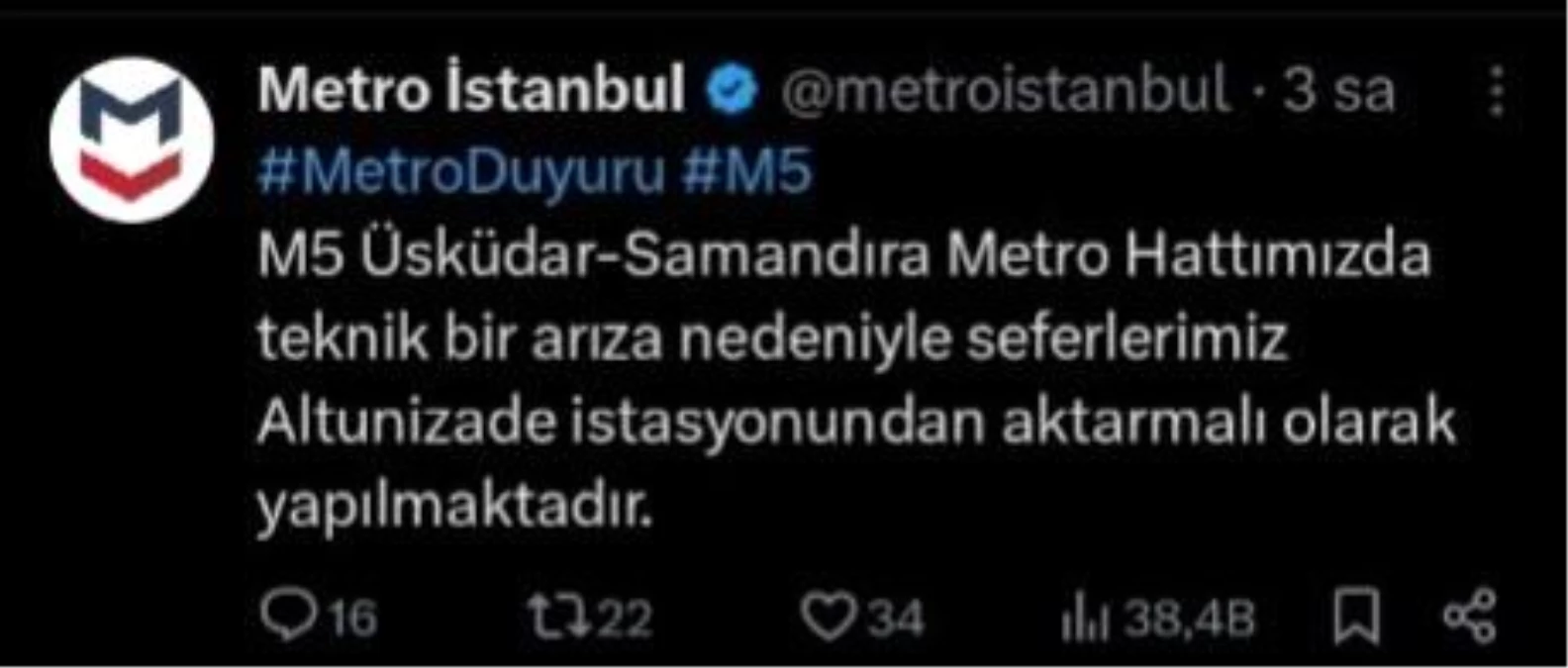 İstanbul'da Üsküdar-Samandıra metro hattında arıza nedeniyle seferler durdu