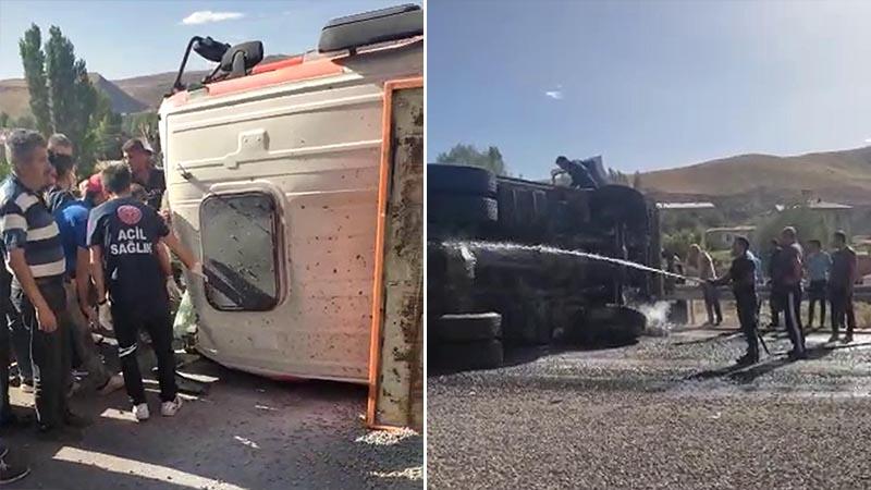 Öğrenci servisine çarpıp yan yatan kamyonun şoförü öldü